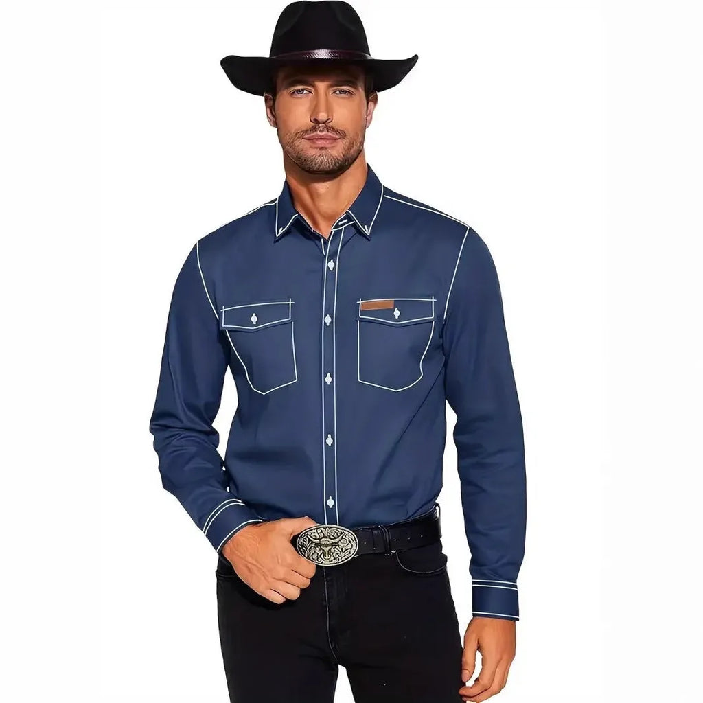 Men's western cowboy casual oxford long sleeve cardigan shirt in polyester, black colour, front view
