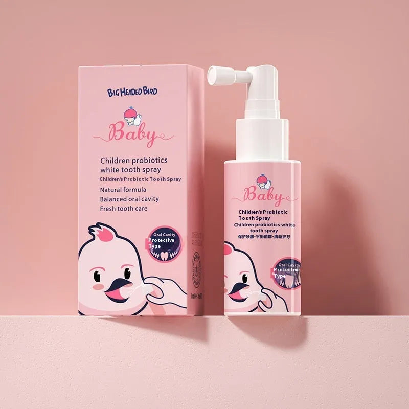 Children's probiotics oral spray bottle with strawberry and orange flavour options for teeth cleaning