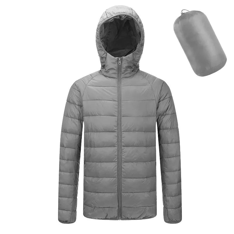 Men's lightweight hooded coat in solid colour, nylon fabric, zipper front, long sleeves, available in multiple colours and sizes