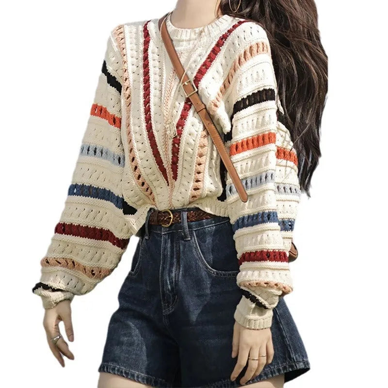 Rainbow striped batwing sleeve pullover sweater with round neck and loose fit