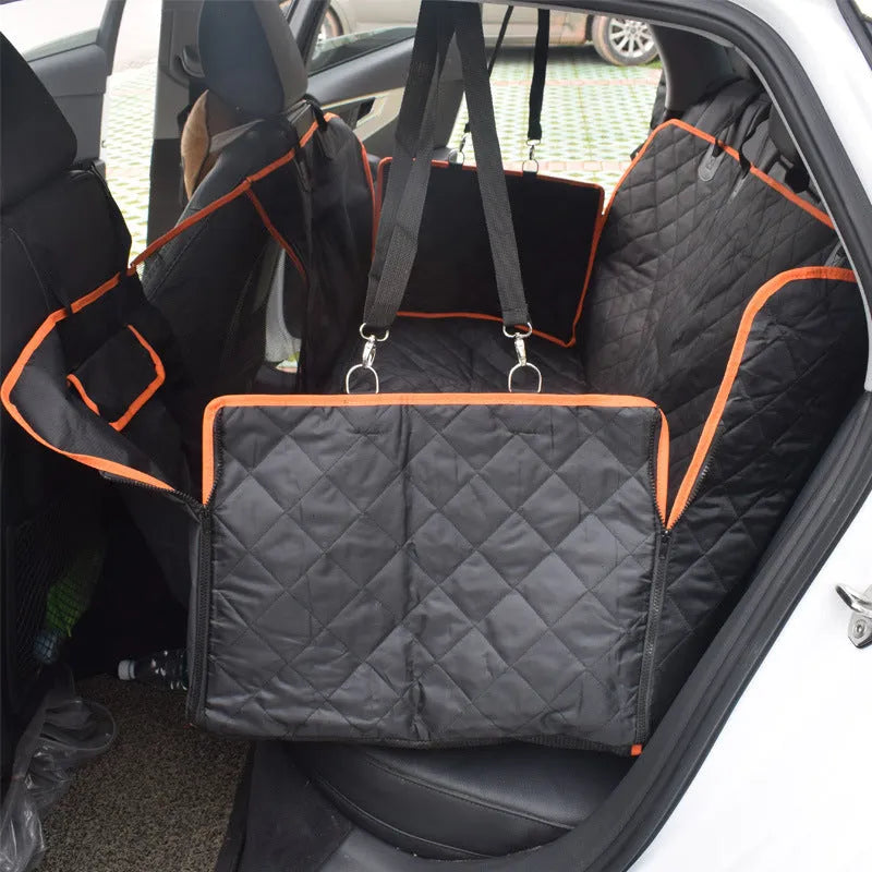 Black 600D Oxford cloth pet car seat cover with orange edge on rear bench