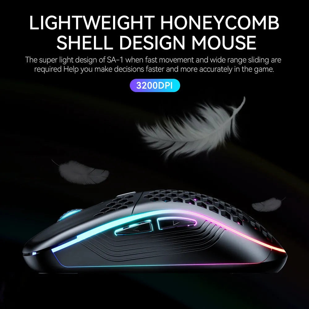 SA-1 dual mode honeycomb shell RGB wireless gaming mouse in black with honeycomb pattern and glowing scroll wheel