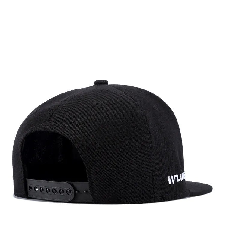Black punk hip hop flat hat made from imitation felt with adjustable band, 12cm height, 18.5cm width