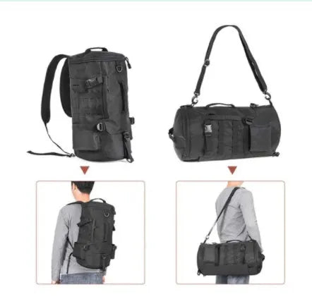 Black cylinder fishing tackle backpack 23L polyester with dual shoulder straps