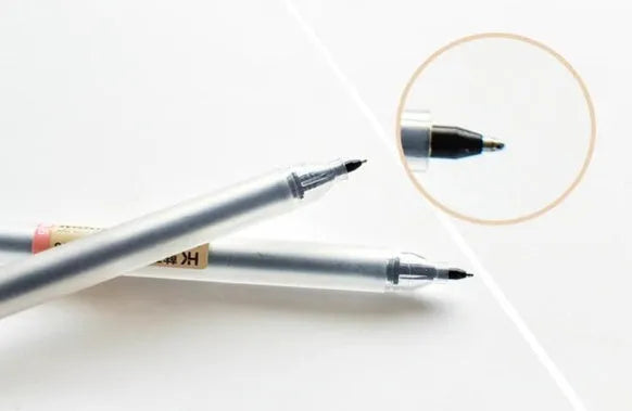 Set of 12 black Muji gel pens with 0.5mm nibs showing anti-leak ink mechanism detail
