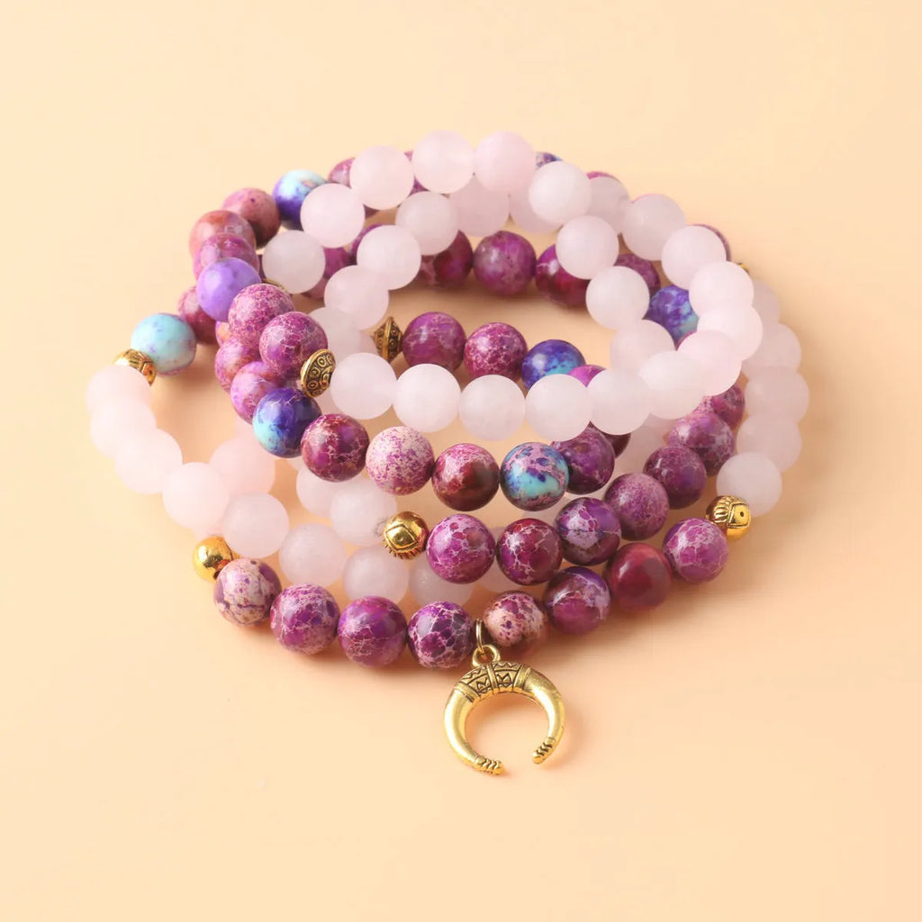 Pink crystal emperor stone round bead pendant necklace on 45cm chain