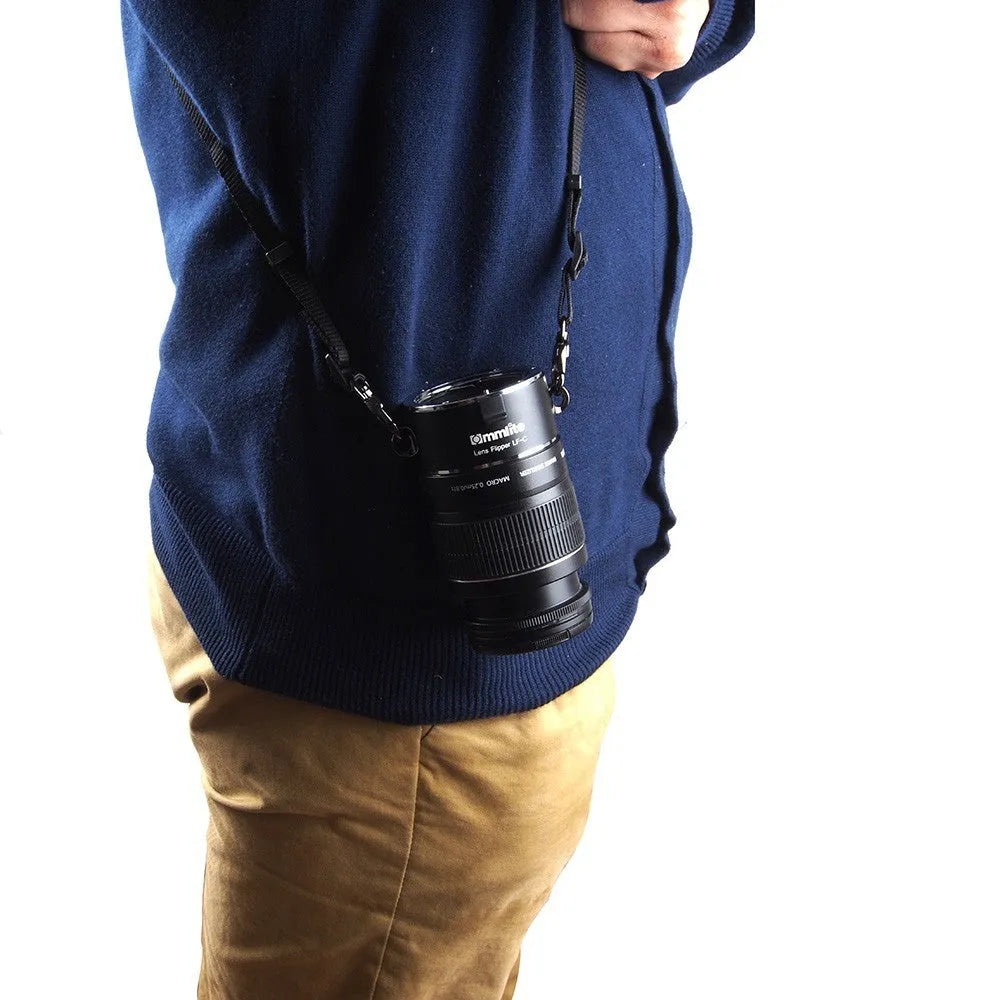 Aluminium camera lens flipper holder with shoulder strap for Canon Nikon Sony mounts