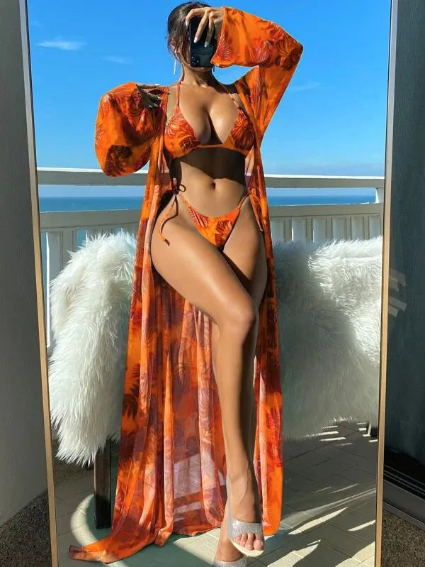 Women's floral print banded bikini set with long sleeve robe cover-up in blue colour