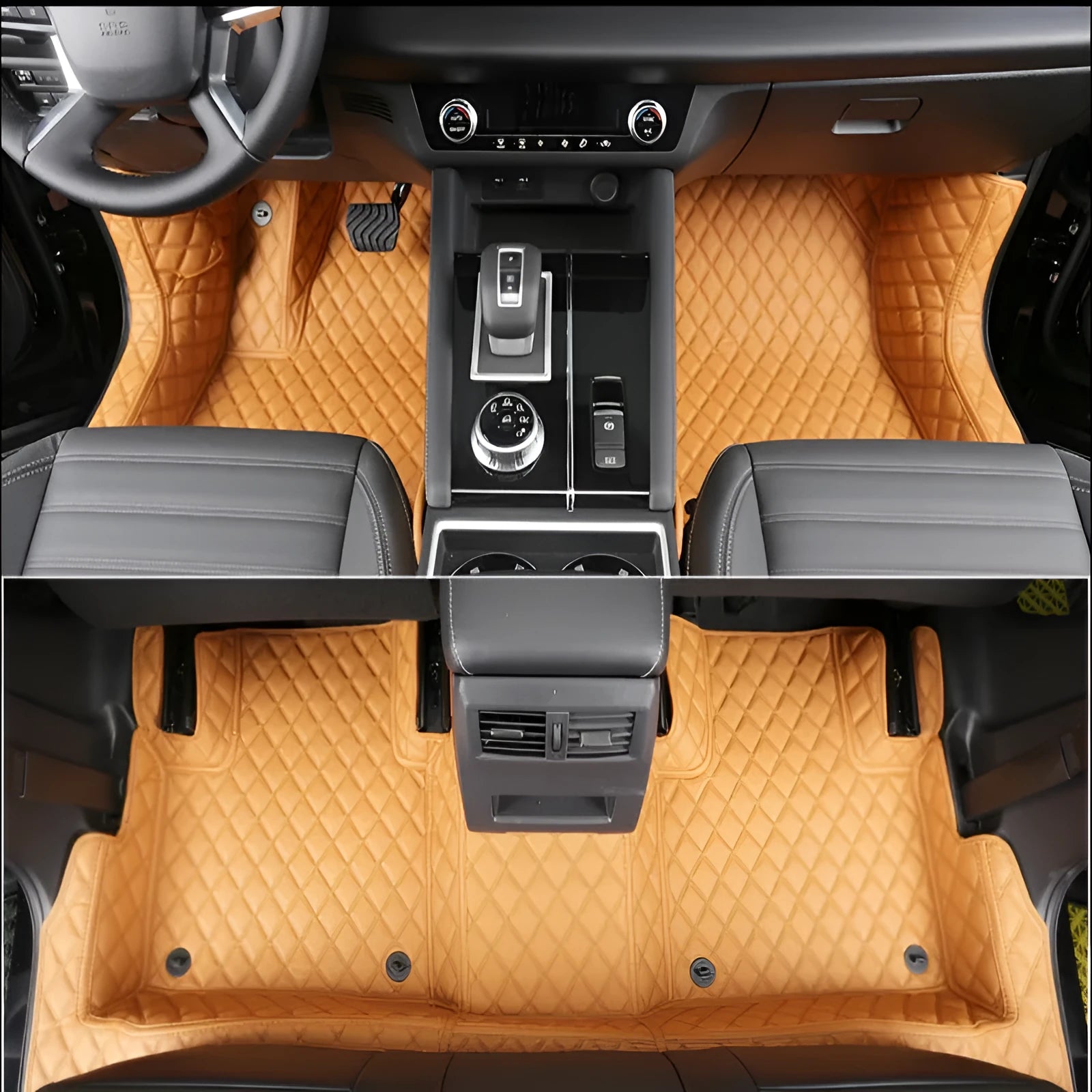 Custom black PU floor mats installed in a Mitsubishi Outlander footwell.