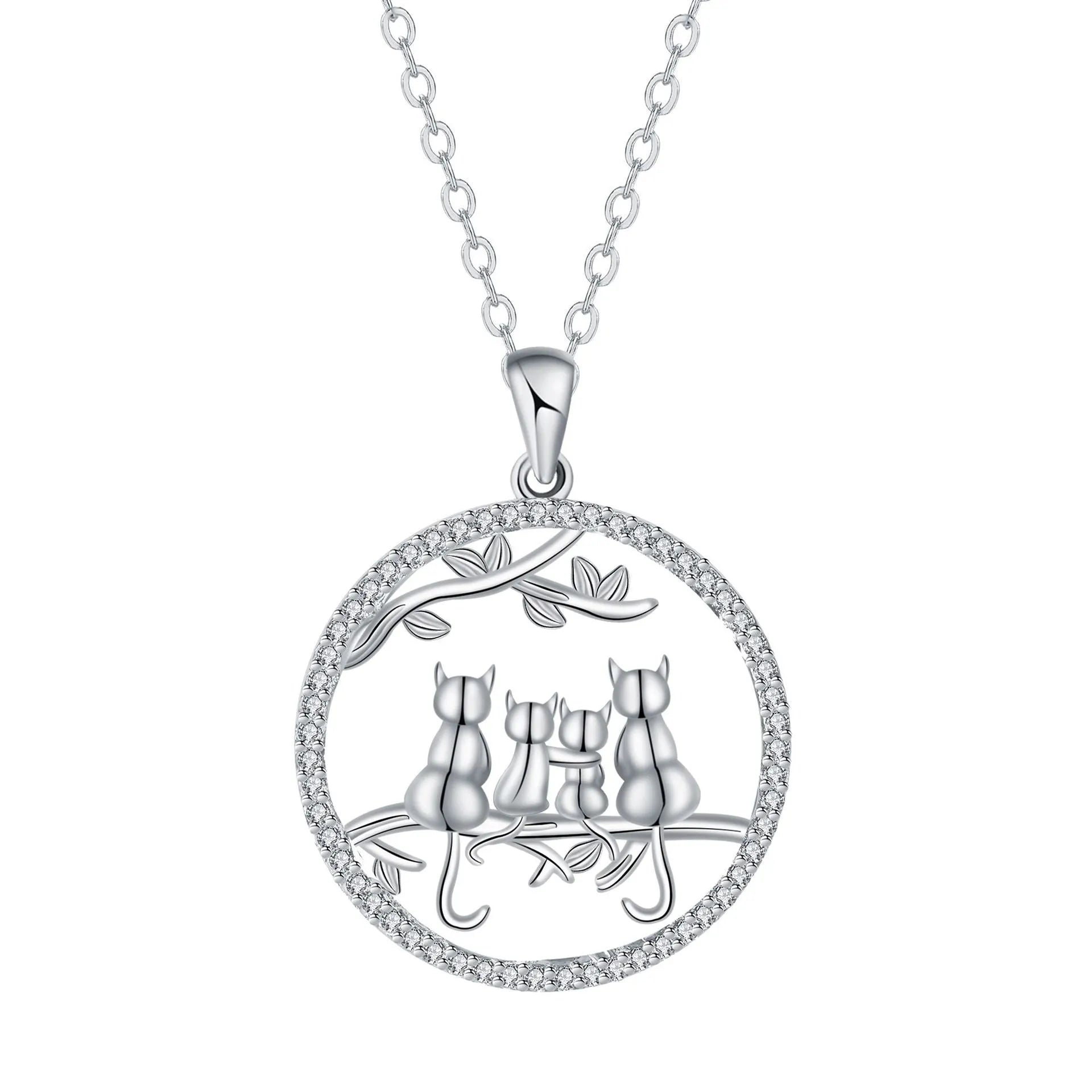 Copper necklace with a four-cat pendant on a textured cross chain, electroplated finish.