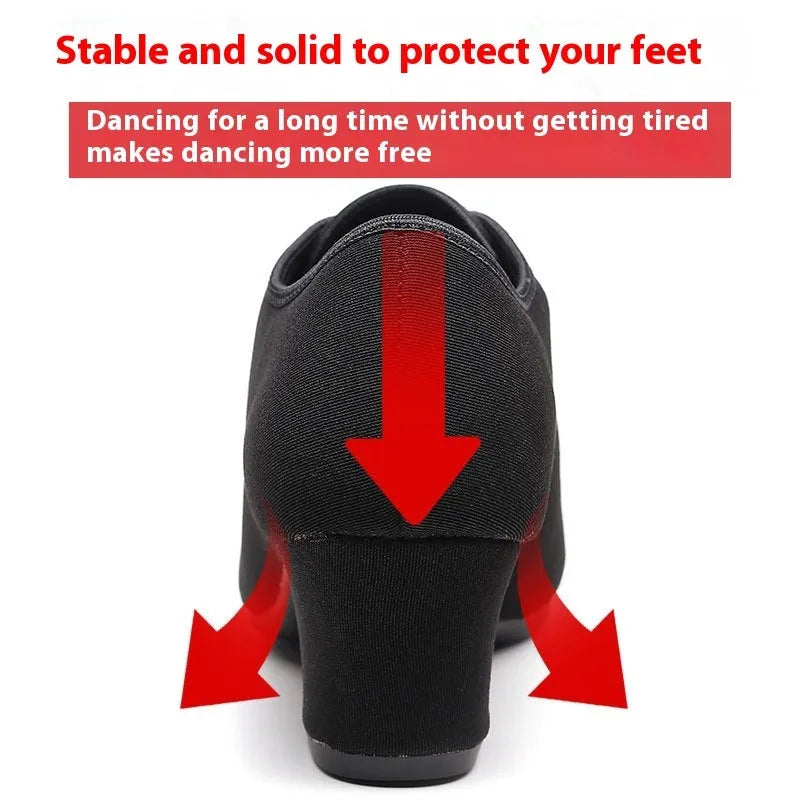 Men's black oxford cloth ballroom dancing shoes with middle heel and rubber sole, indoor and outdoor variants