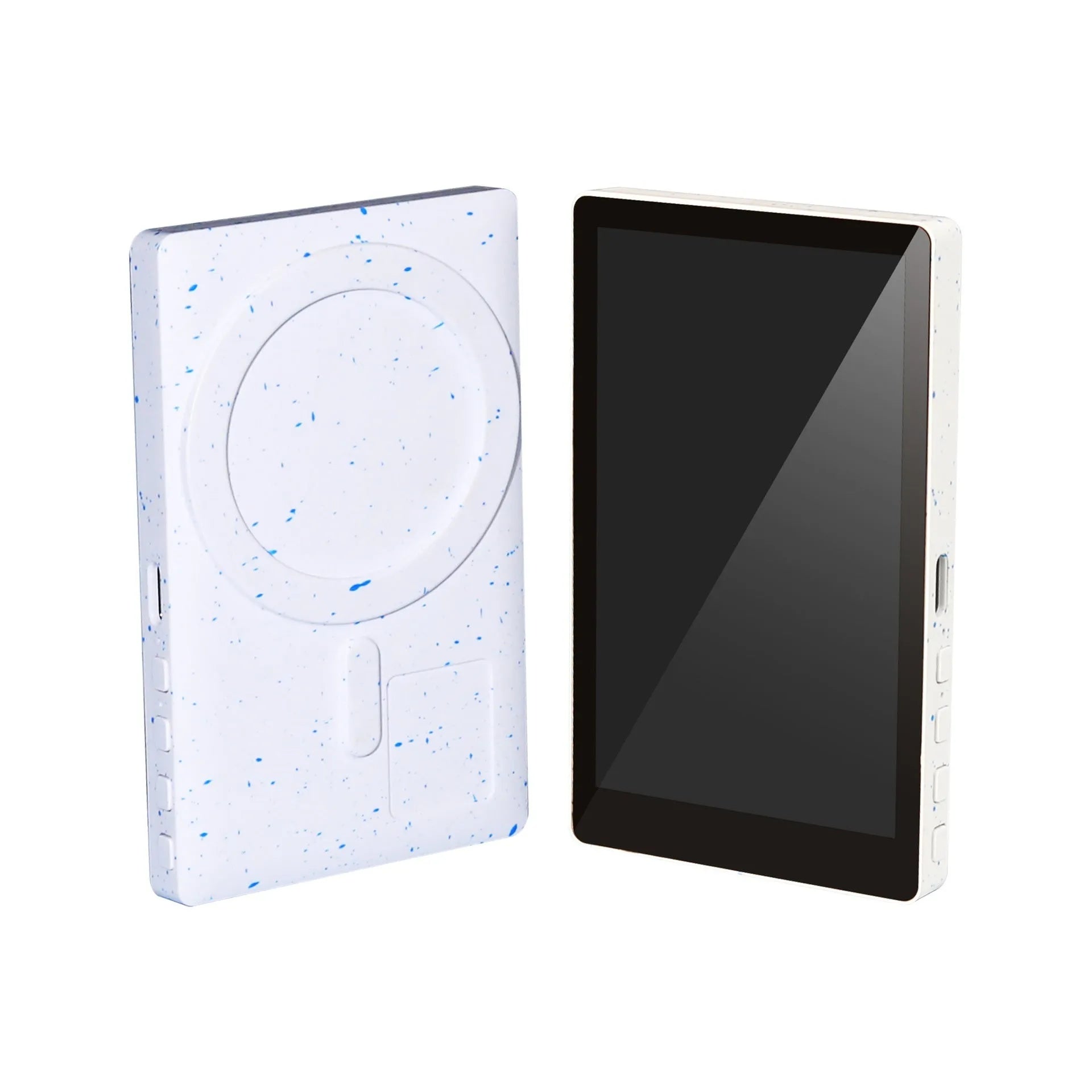 Magnetic wireless charging selfie multi-monitoring device with Bluetooth remote and folding stand on a desk, black model