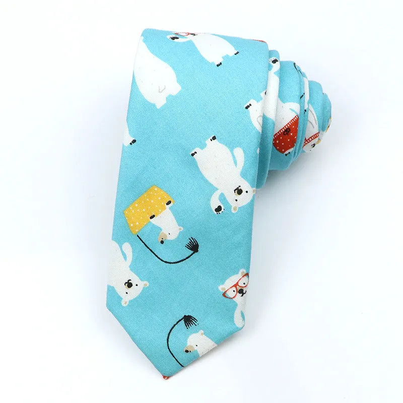 Men's narrow cotton bow tie in a cartoon print with an adjustable knot, shown in a selection of colours.