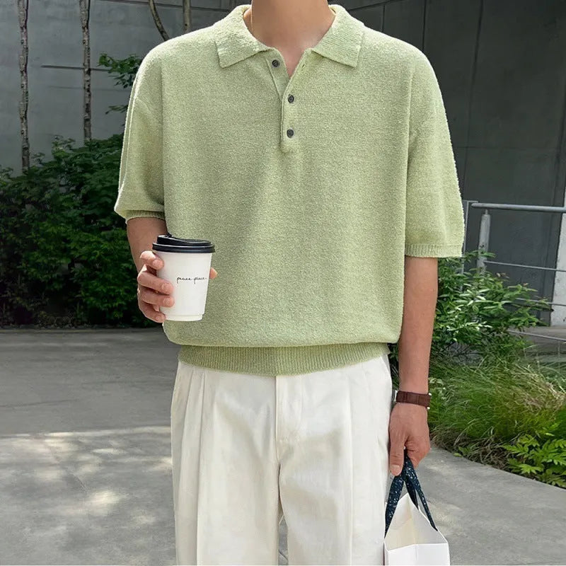 Men's caramel coloured retro knitted polo shirt with short sleeves and asymmetrical design detail