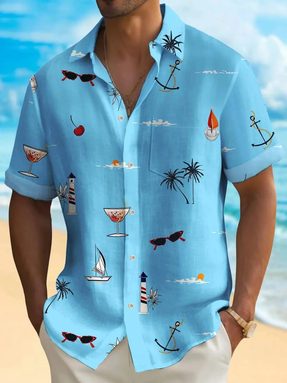Man wearing a loose fit short sleeve Hawaiian shirt with a colourful digital print pattern.