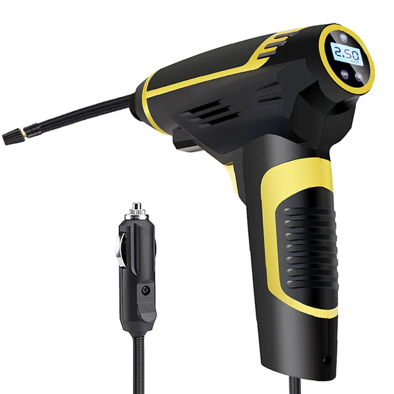 Black handheld digital LED car air compressor with 120W power and auto stop on a dark background