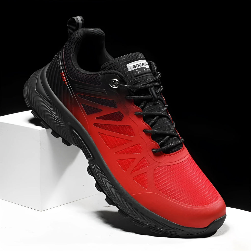 Men's black breathable mesh running shoes with orange accents and a rubber sole