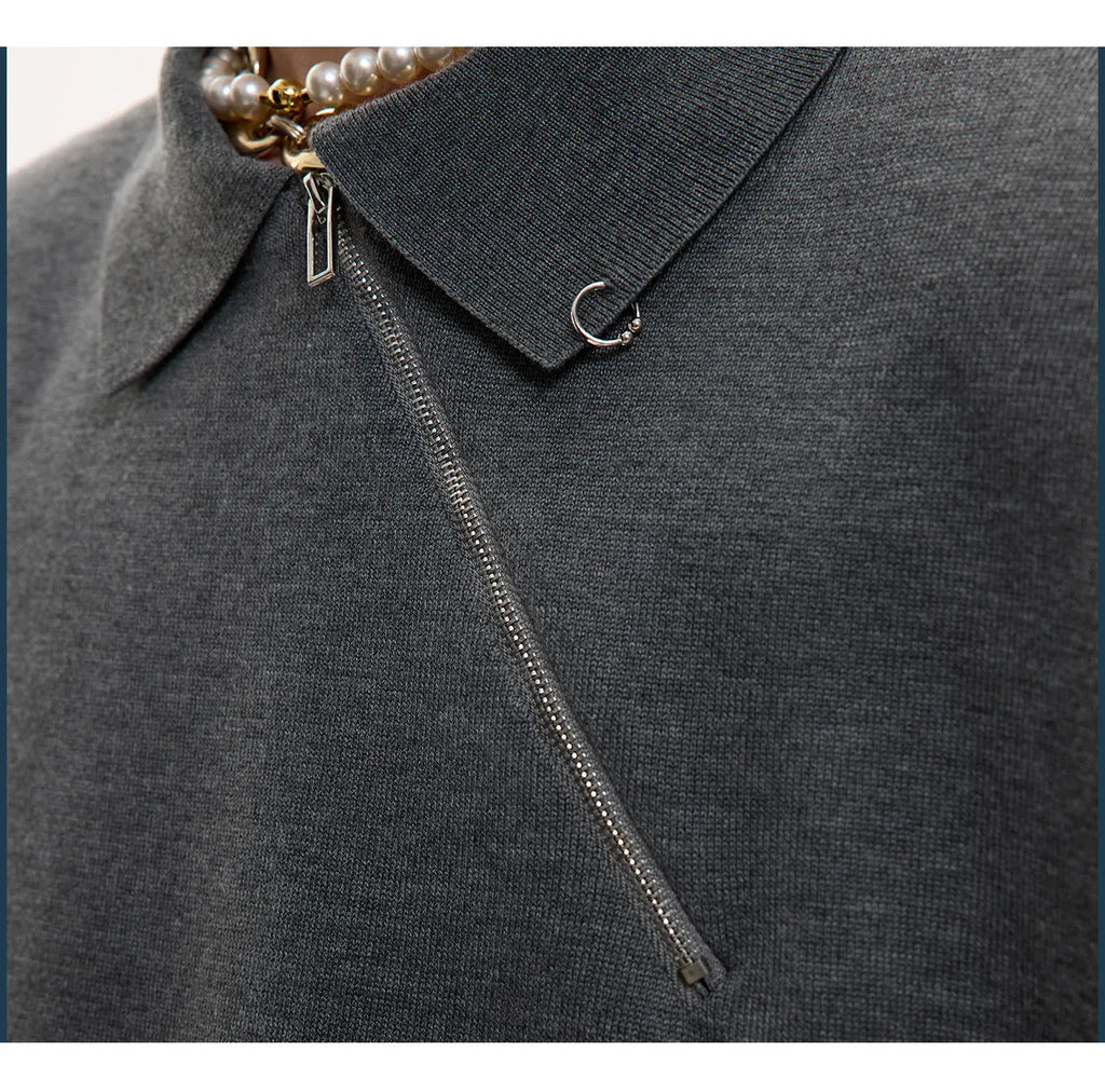 Men's black knitted polo shirt with oblique zipper and slim-fit ice-feel design