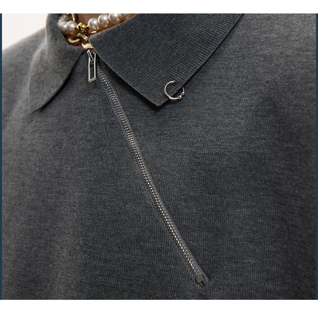 Men's black knitted polo shirt with oblique zipper and slim-fit ice-feel design