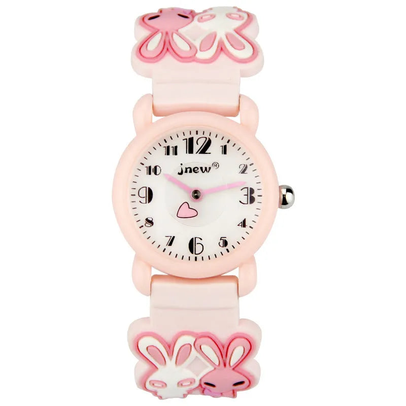 Rabbit Quartz Watch for children with black plastic strap, PC case, and white dial featuring hour markers.