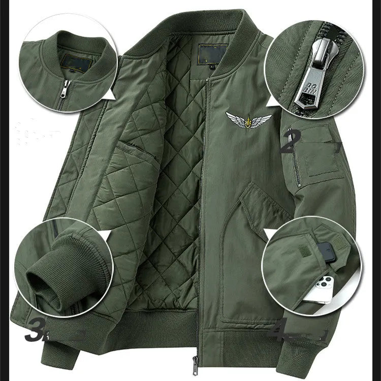 Men's fashion casual brushed jacket in satin cloth with baseball collar, army green, thickened for warmth