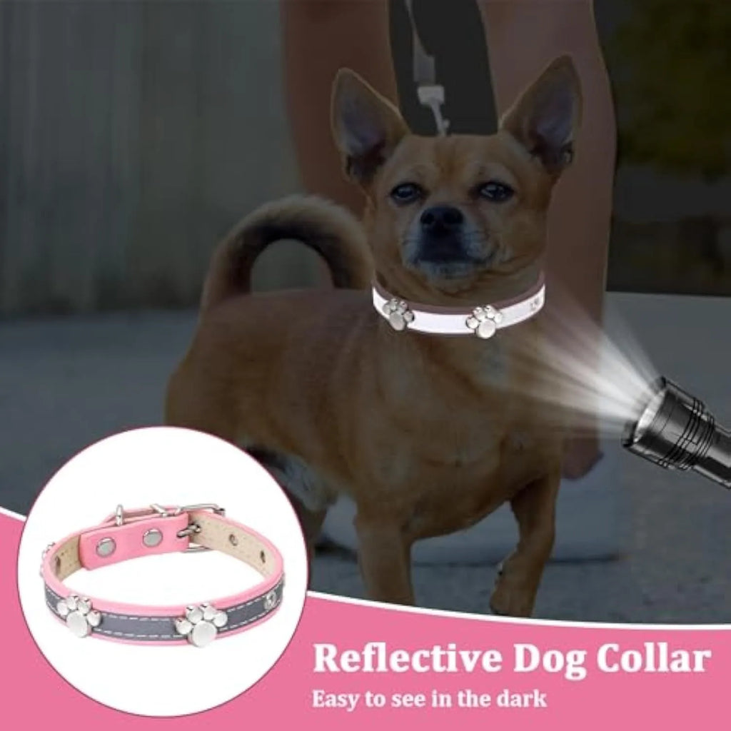 Reflective dog collar with adjustable PU leather strap and decorative paw print metal rivets