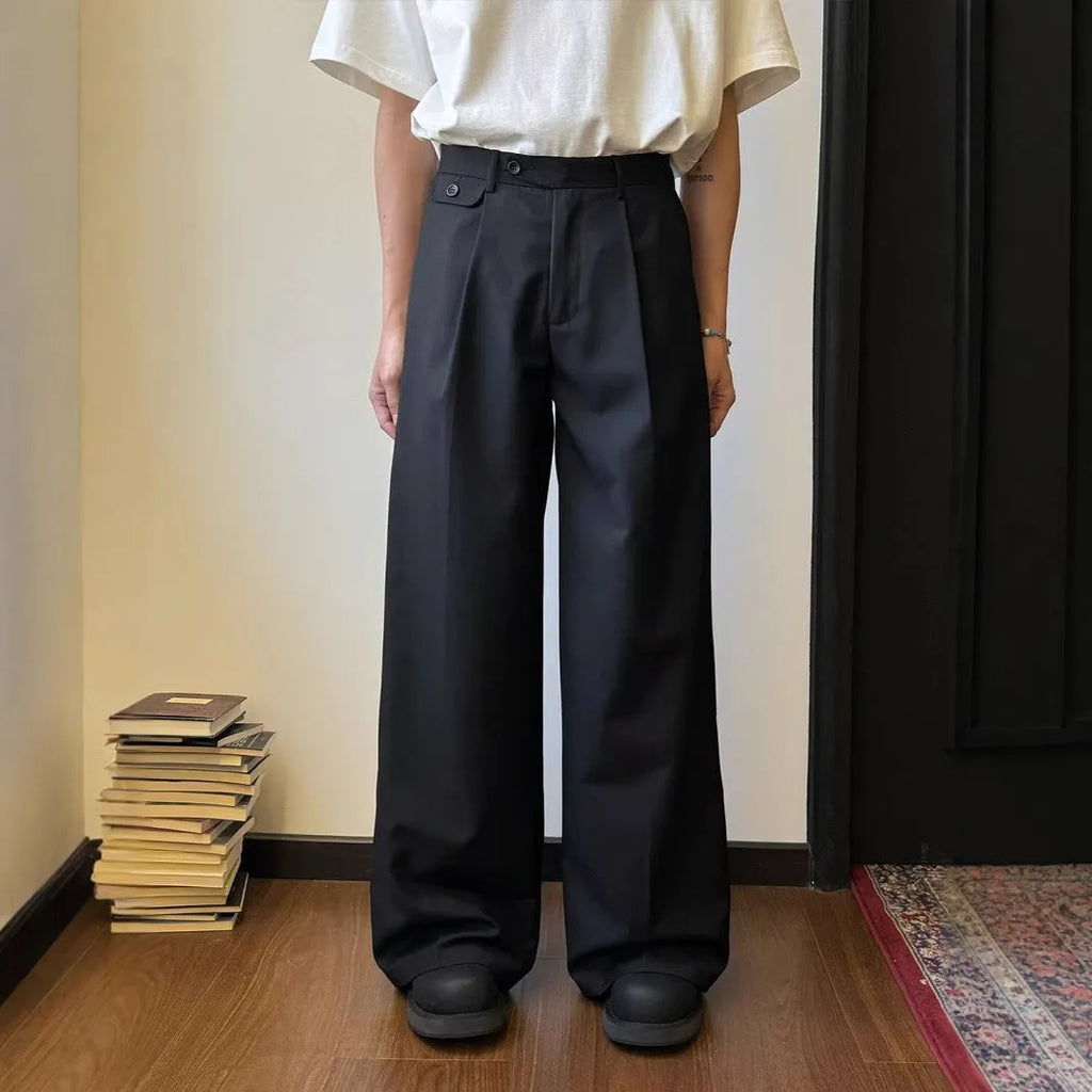 Men's brown straight-leg casual suit pants with loose wide-leg design