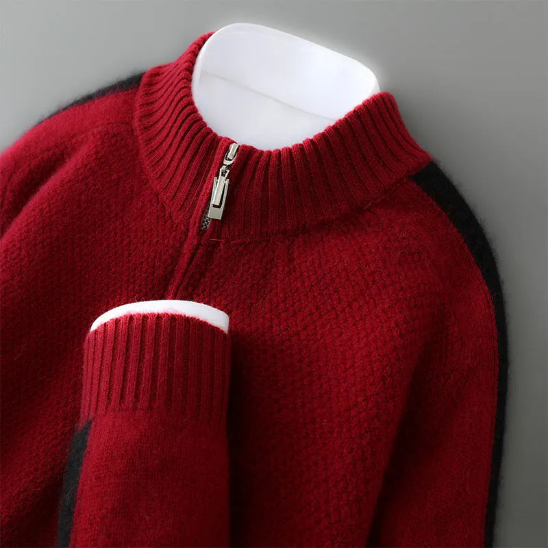 Sheep wool half-height zip knitted sweater in slim fit with round neck