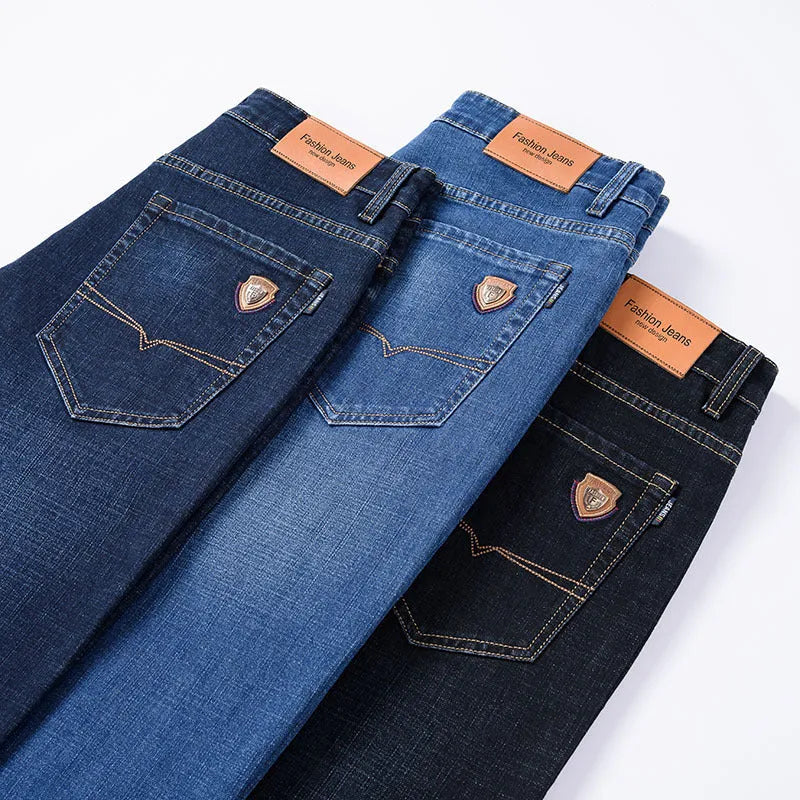 Men's straight-leg elastic business trousers in dark blue cotton denim, mid-waist, sizes 29-42