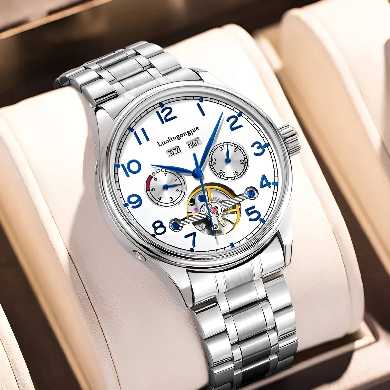 Men's stainless steel mechanical business watch with sapphire crystal glass and genuine leather strap