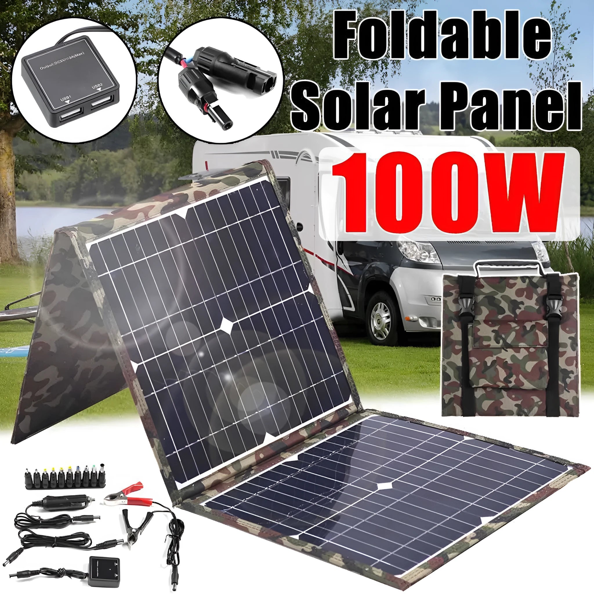 Black foldable 36W solar panel unfolded showing three monocrystalline silicon cells