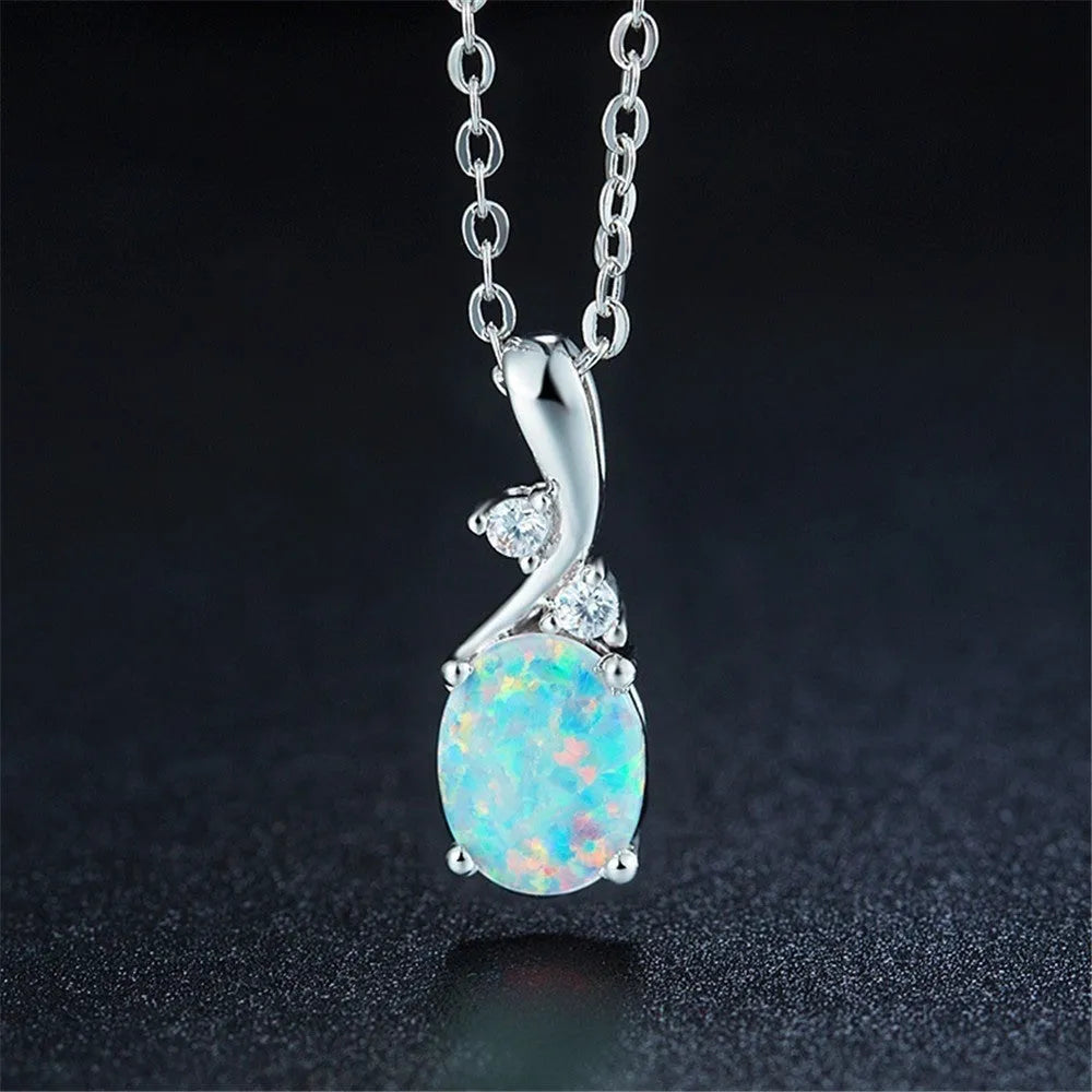 Water drop shaped opal pendant necklace on adjustable O-shaped alloy chain in rose gold or white finish