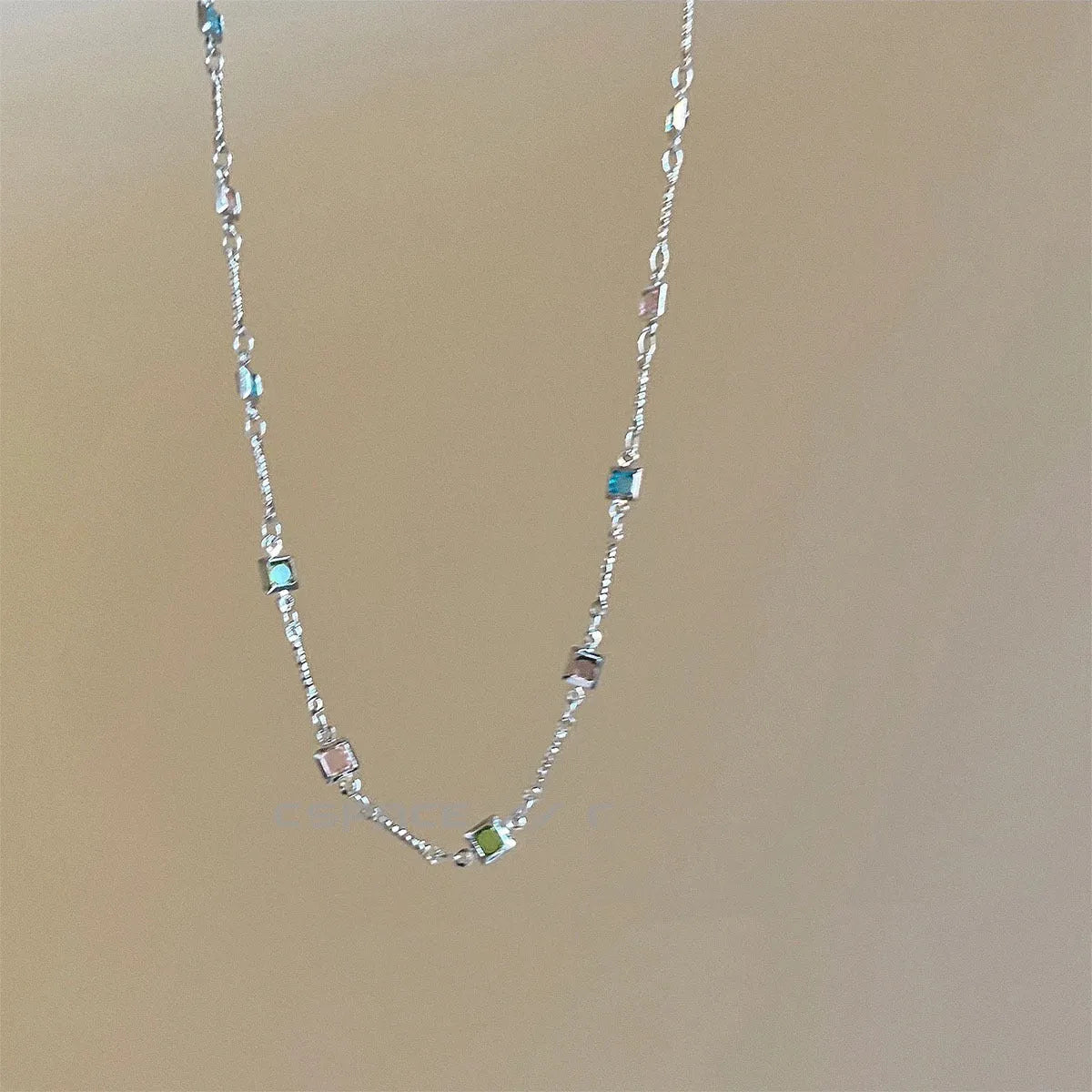 Square colour artificial crystal clavicle necklace with geometric design in gold finish