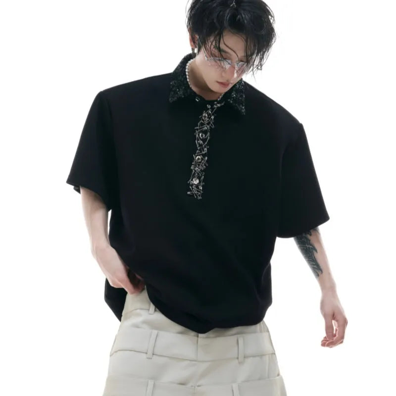 Men's loose fit polo t-shirt with square collar and embroidery detailing in three colour options