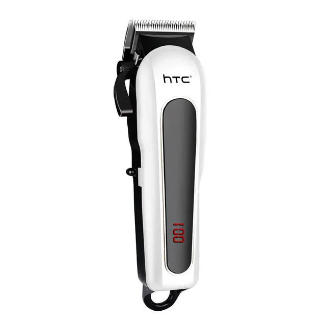 A black wireless hair clipper with four plastic limiting combs placed on a white background.