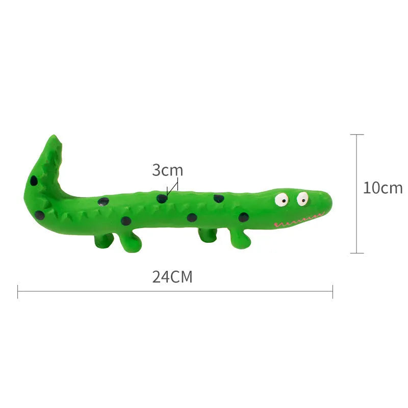 Green lizard-shaped dog chew toy with squeaker for aggressive chewers, shown with dimensions.