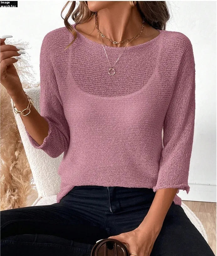 Women's thin knitted off-shoulder jumper in lavender purple with a 3D pattern and 3/4 sleeves.