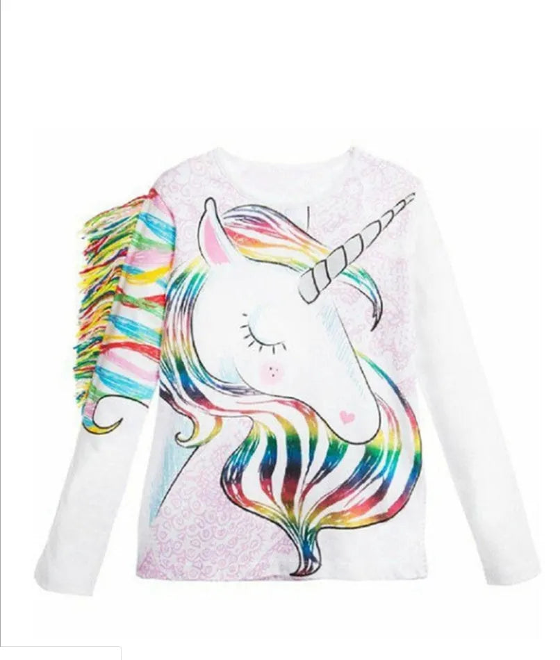 White children's cotton T-shirt with stereo horse hair print and abstract animal cartoon pattern, long sleeve round neck style for boys and girls