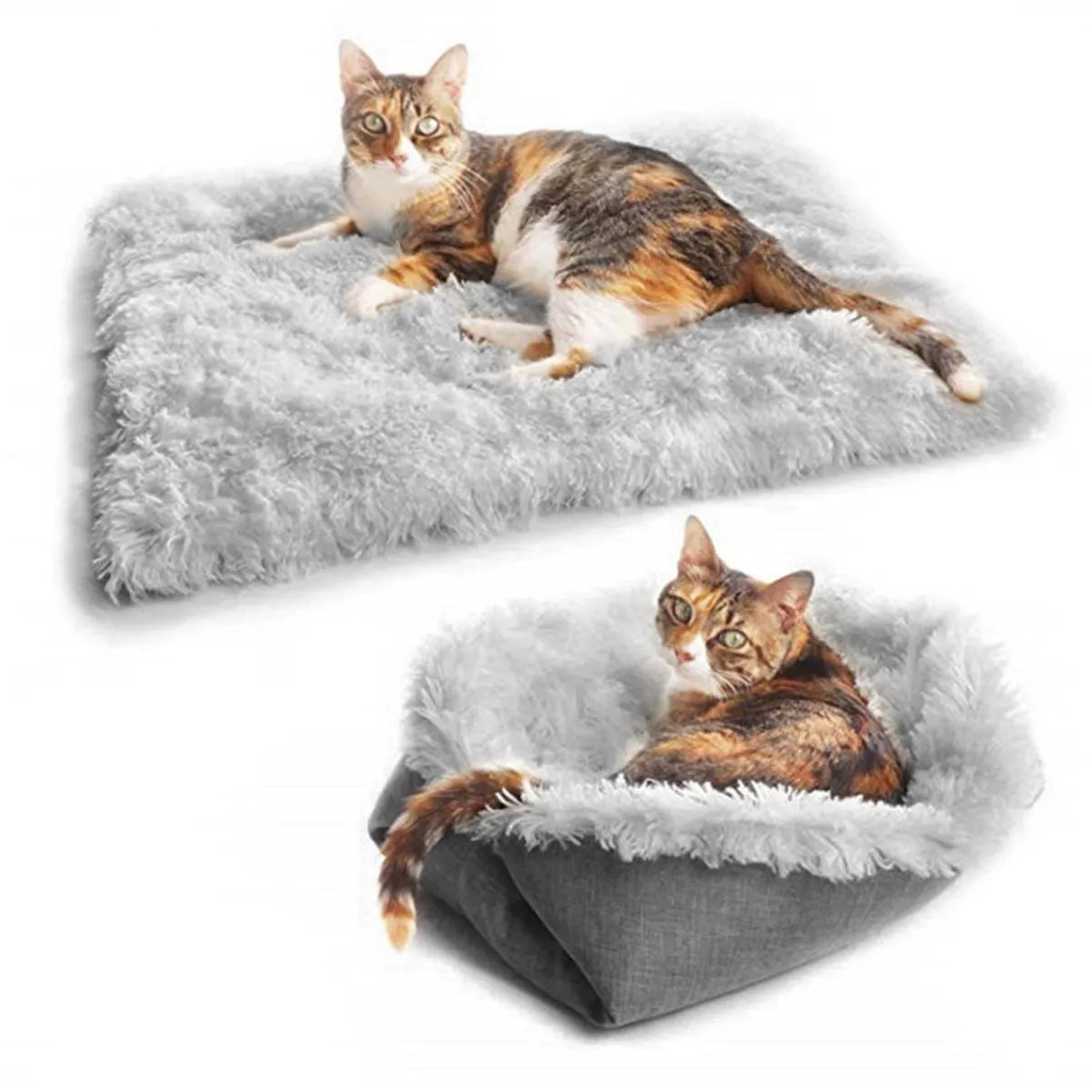Grey and white fluffy double-layer pet blanket nest with black non-slip bottom, size 61x51cm