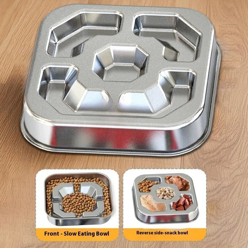 Square stainless steel slow feeding bowl with bone pattern interior for dogs and cats