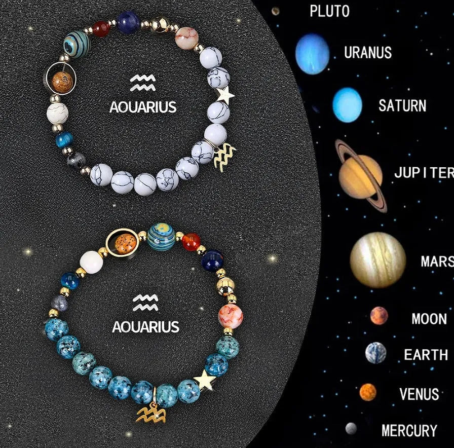 Set of twelve natural stone bead zodiac bracelets showing different star sign designs with adjustable strings