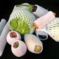 White foam mesh net protective cover for fruit, shown with size options from 6x5cm to 18x7cm.