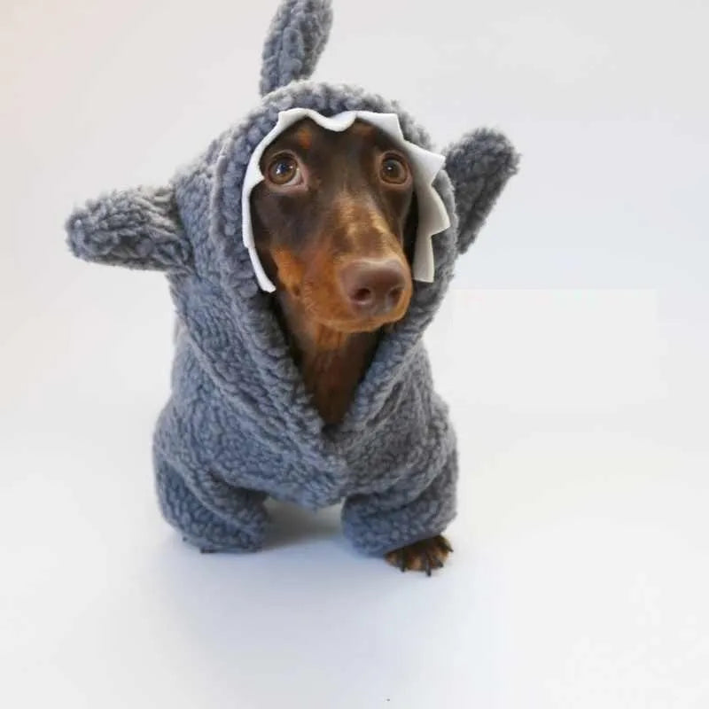 Grey fleece-lined hooded shark sweater for small to large dogs and cats, winter pet clothing