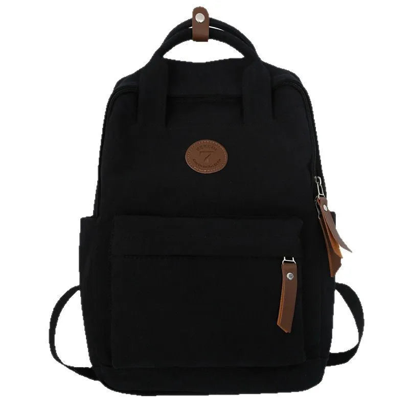 Black Oxford cloth backpack with curved shoulder straps in urban simplicity style