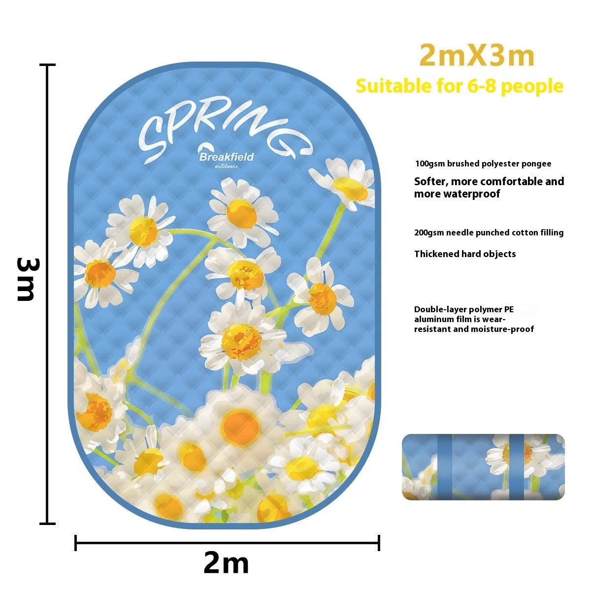 Waterproof outdoor picnic mat in a seasonal colour, shown unrolled on grass.