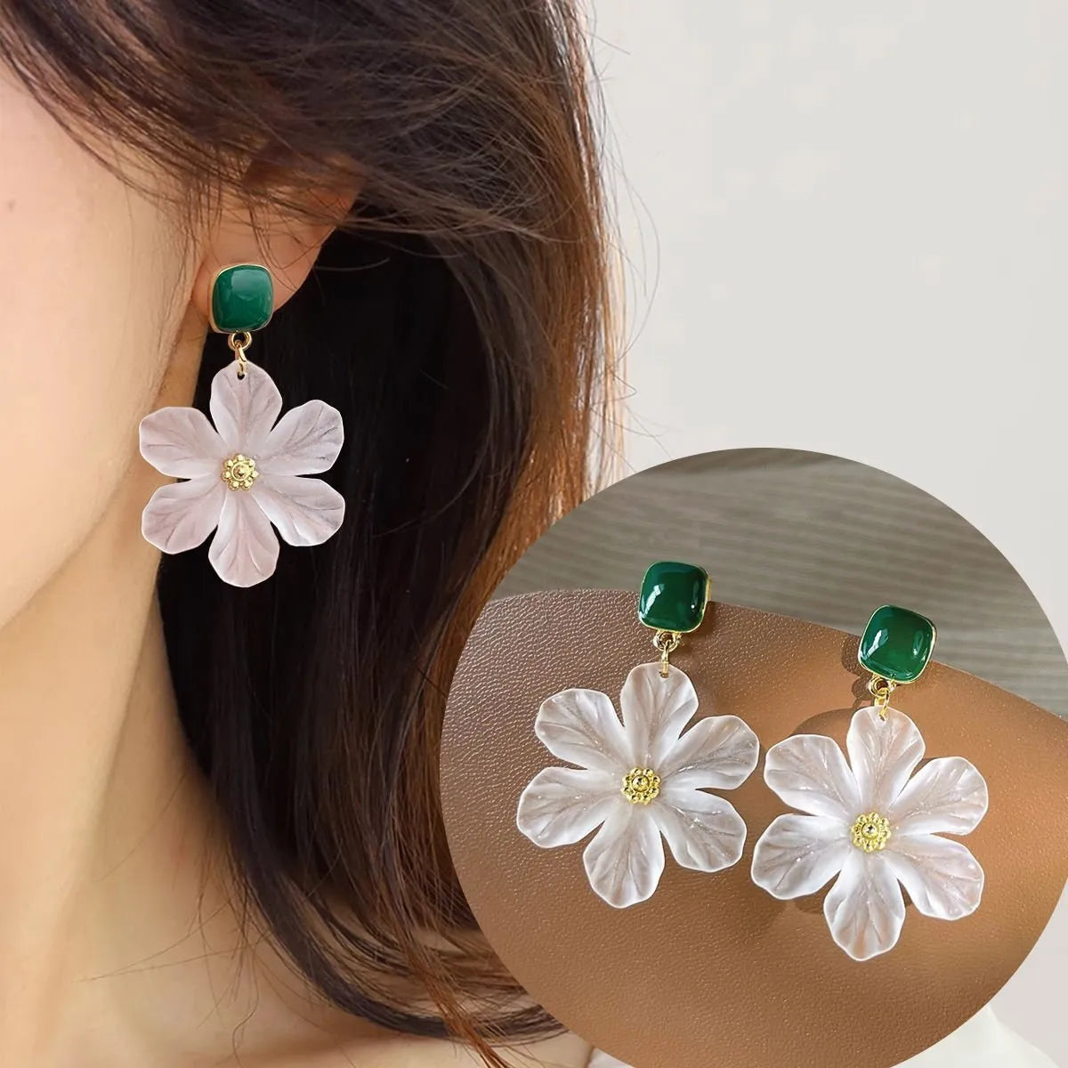Dark green alloy earrings with needle flowers design and sterling silver-style finish