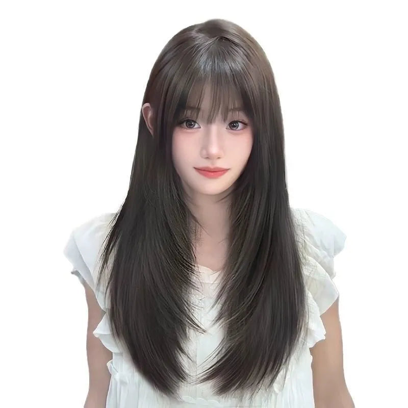 Full-head wig with long straight black layered hair and brown black bangs
