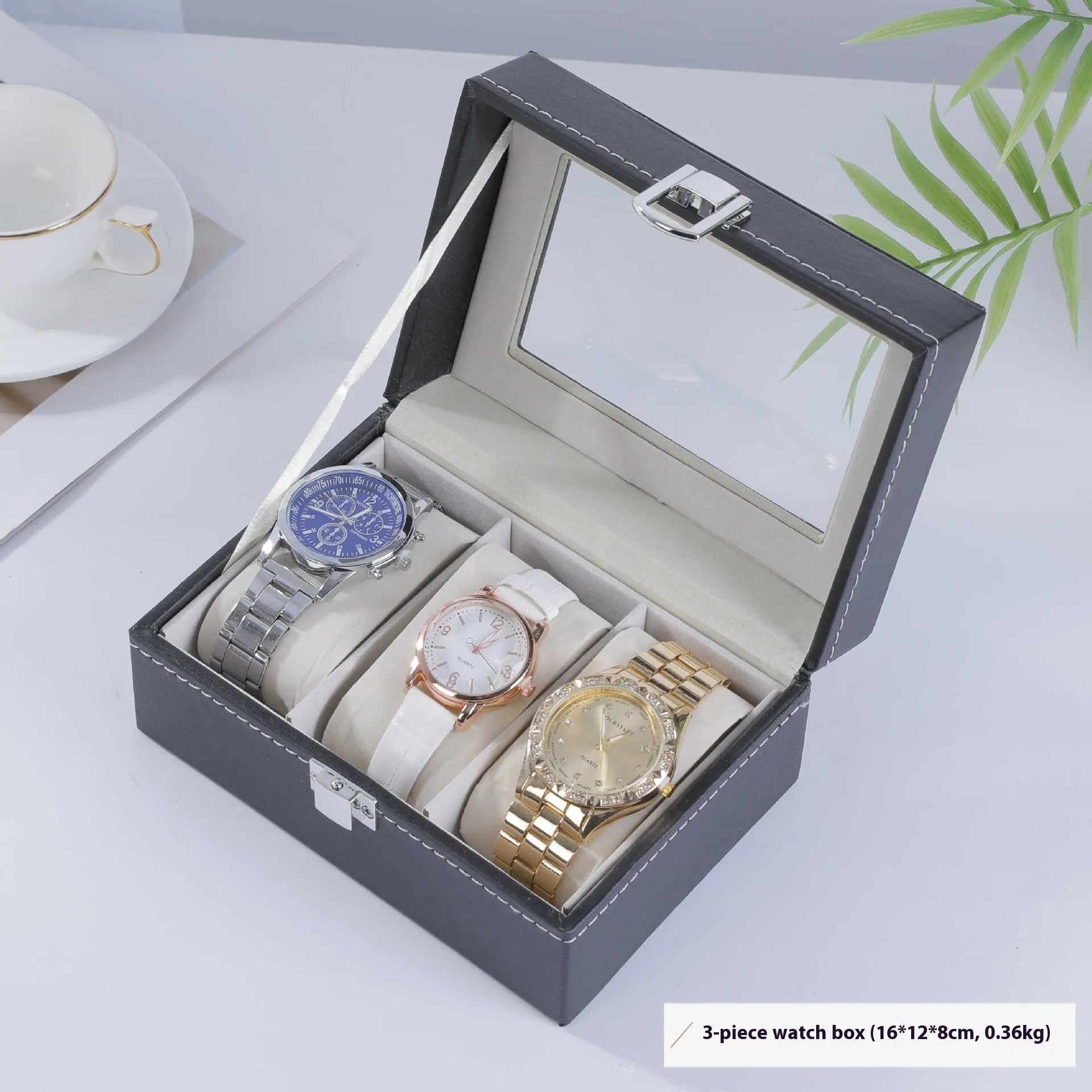 Grey high-grade leather watch storage box with dustproof see-through lid showing multiple watch compartments