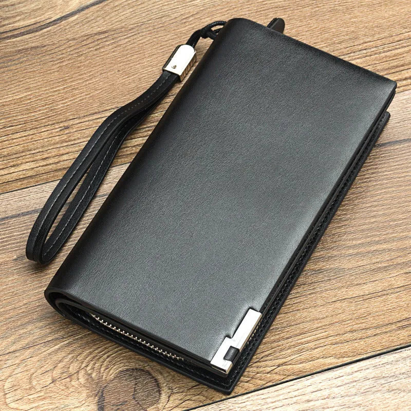 Men's black PU leather wallet with a long silver zipper closed around its edge.