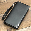 Men's black PU leather wallet with a long silver zipper closed around its edge.